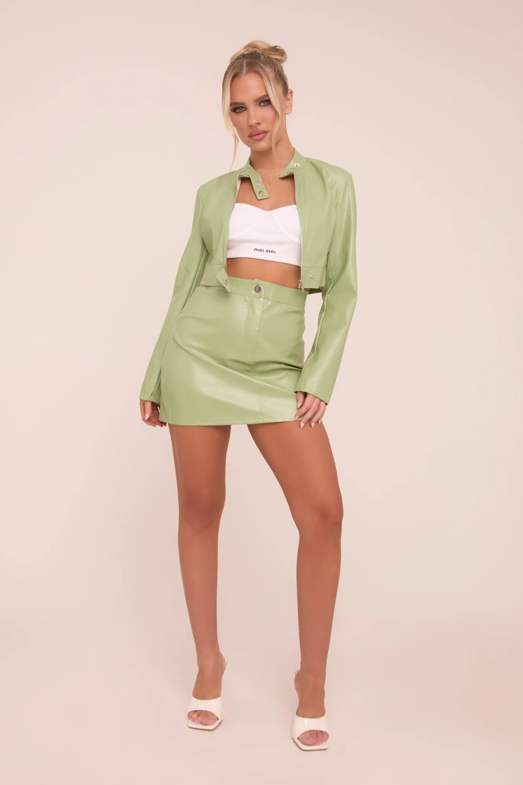 Sage Faux Leather Zip Detail Top & Mini Skirt Co-ord Set - Dora sold by Rebellious Fashion product image thumbnail 2