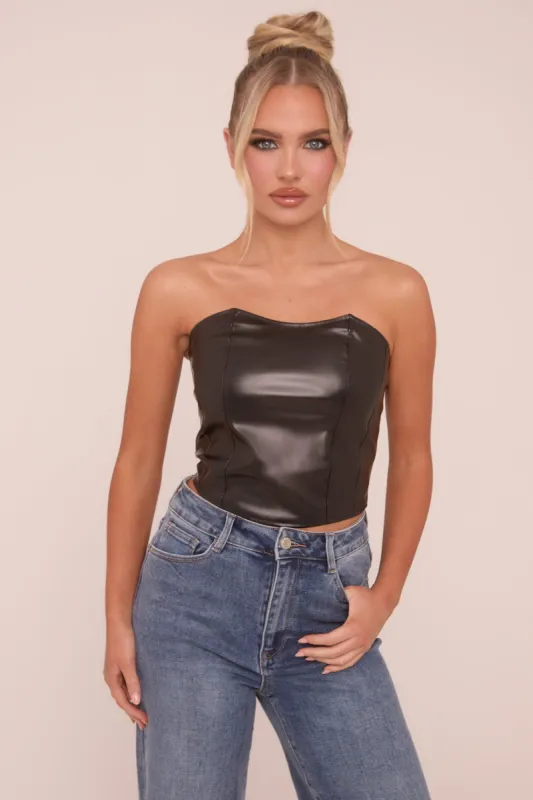 Black Faux Leather Corset Detail Crop Top - Lorene sold by Rebellious Fashion