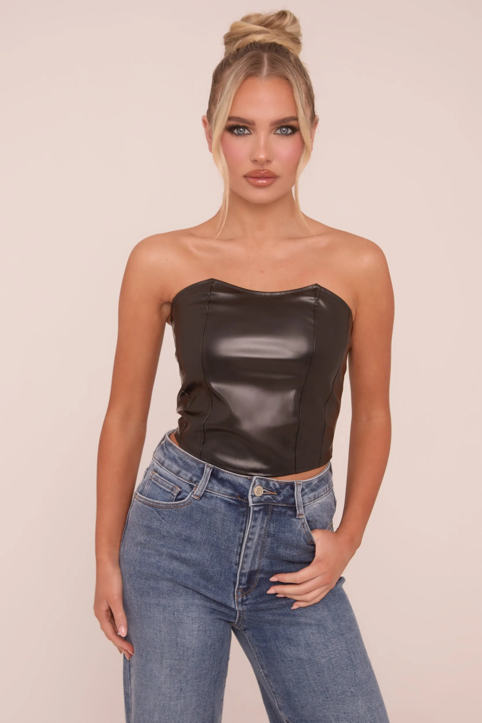 Black Faux Leather Corset Detail Crop Top - Lorene sold by Rebellious Fashion