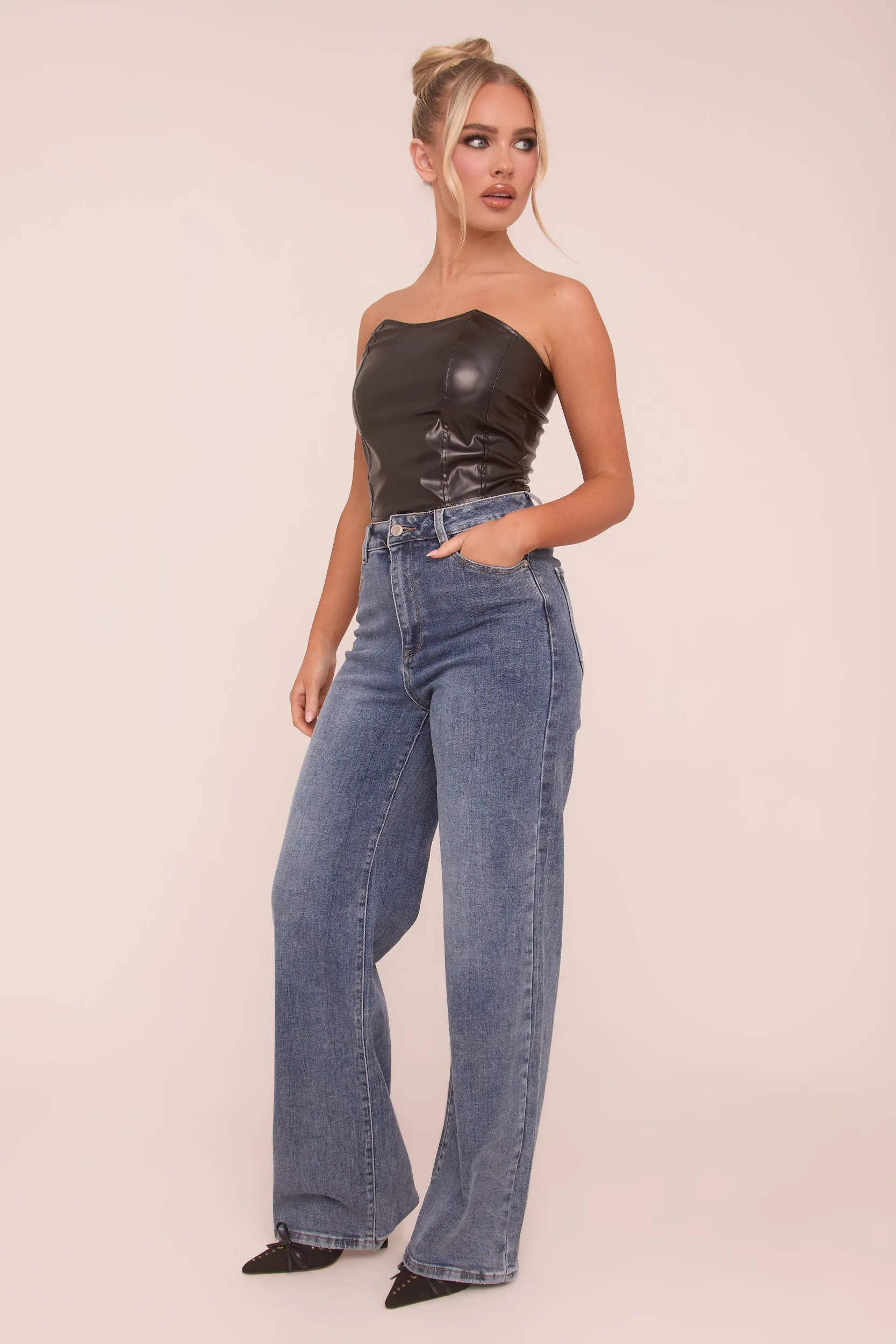 Black Faux Leather Corset Detail Crop Top - Lorene sold by Rebellious Fashion product image thumbnail 3