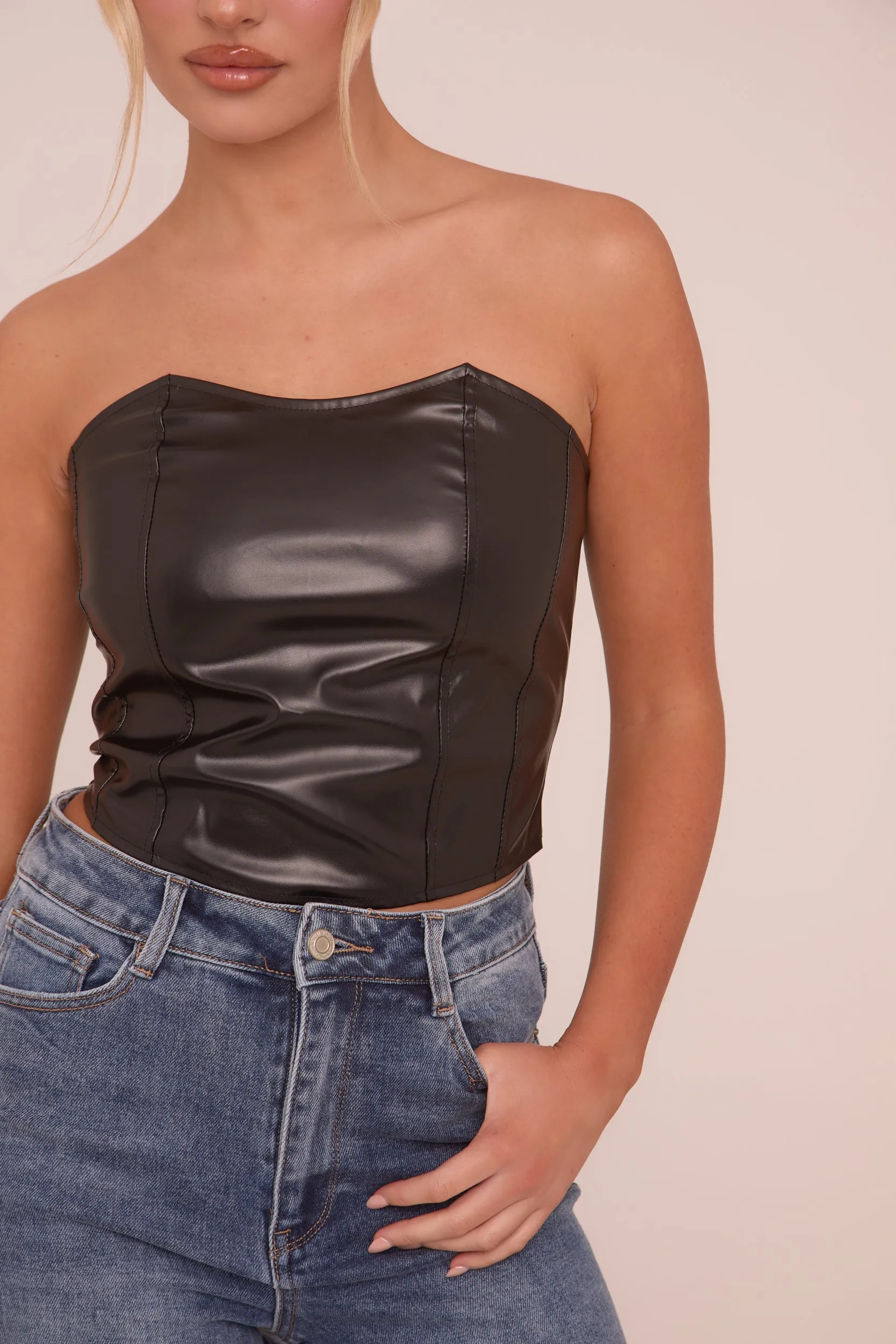 Black Faux Leather Corset Detail Crop Top - Lorene sold by Rebellious Fashion product image thumbnail 4