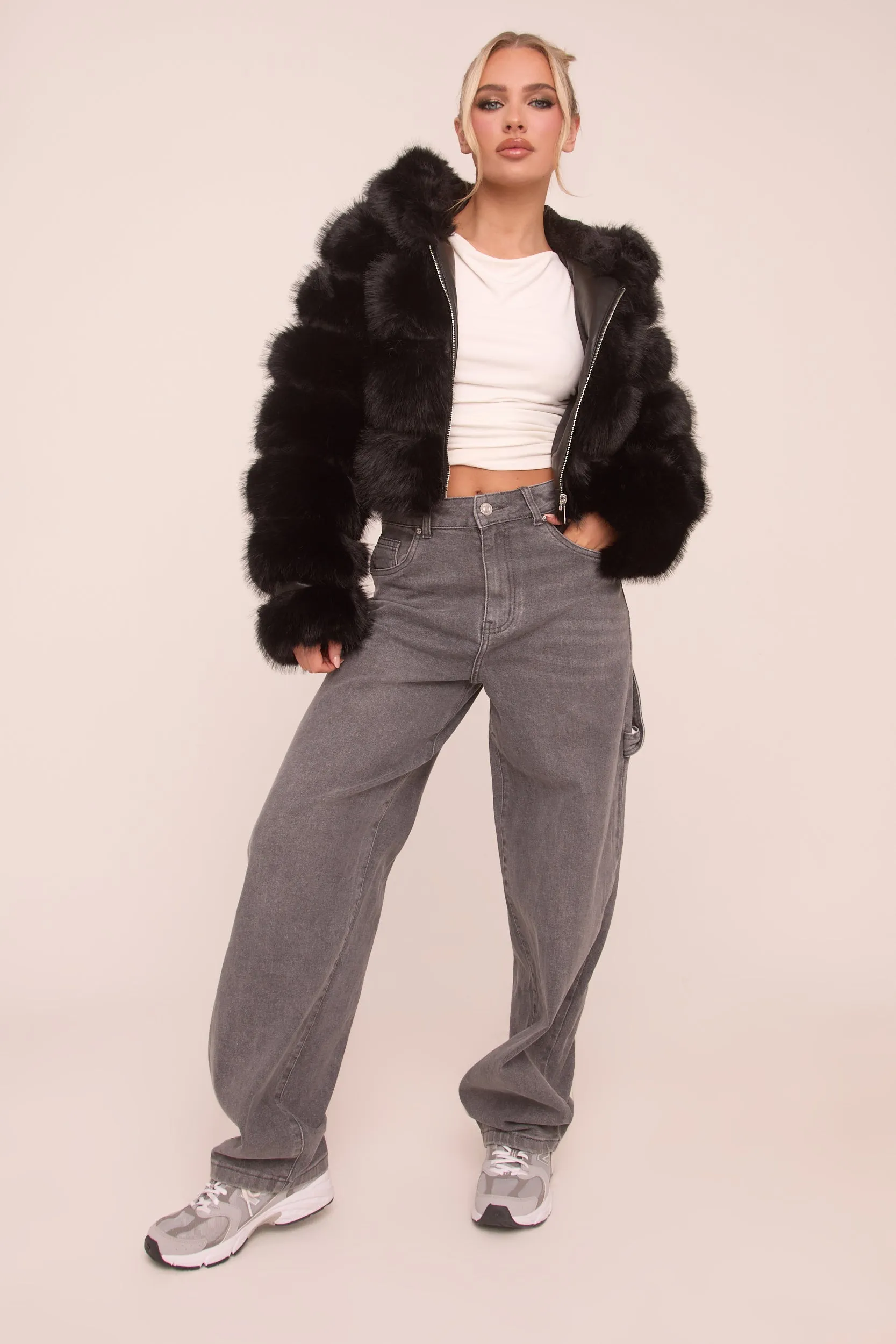 Black Faux Fur Hooded Cropped Coat - Adriel sold by Rebellious Fashion product image thumbnail 2