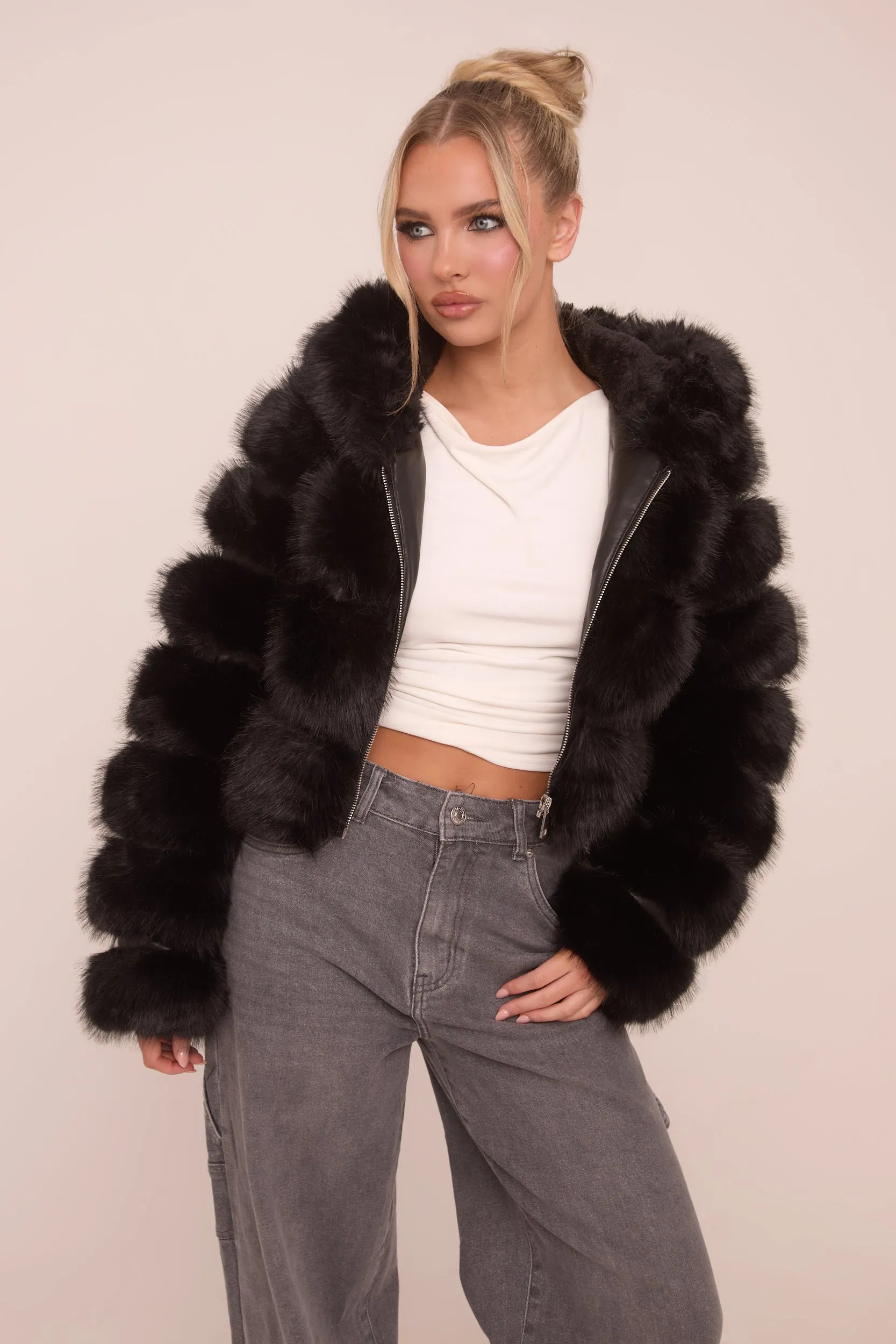 Black Faux Fur Hooded Cropped Coat - Adriel sold by Rebellious Fashion product image thumbnail 4