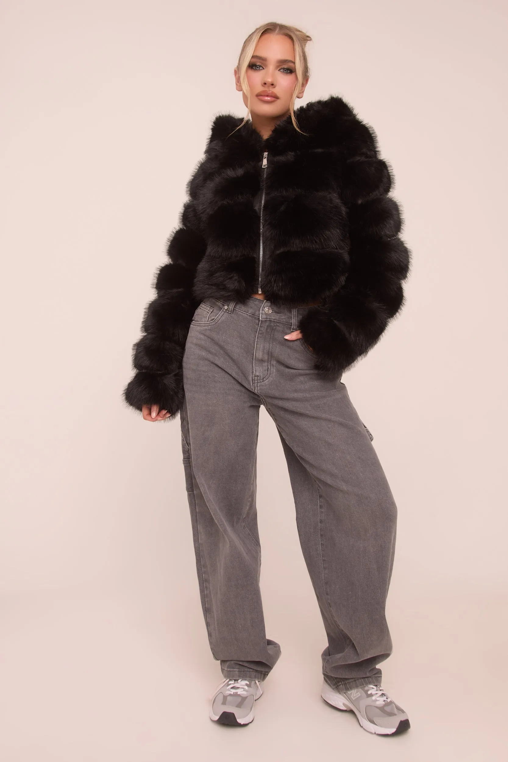 Black Faux Fur Hooded Cropped Coat - Adriel sold by Rebellious Fashion product image thumbnail 3