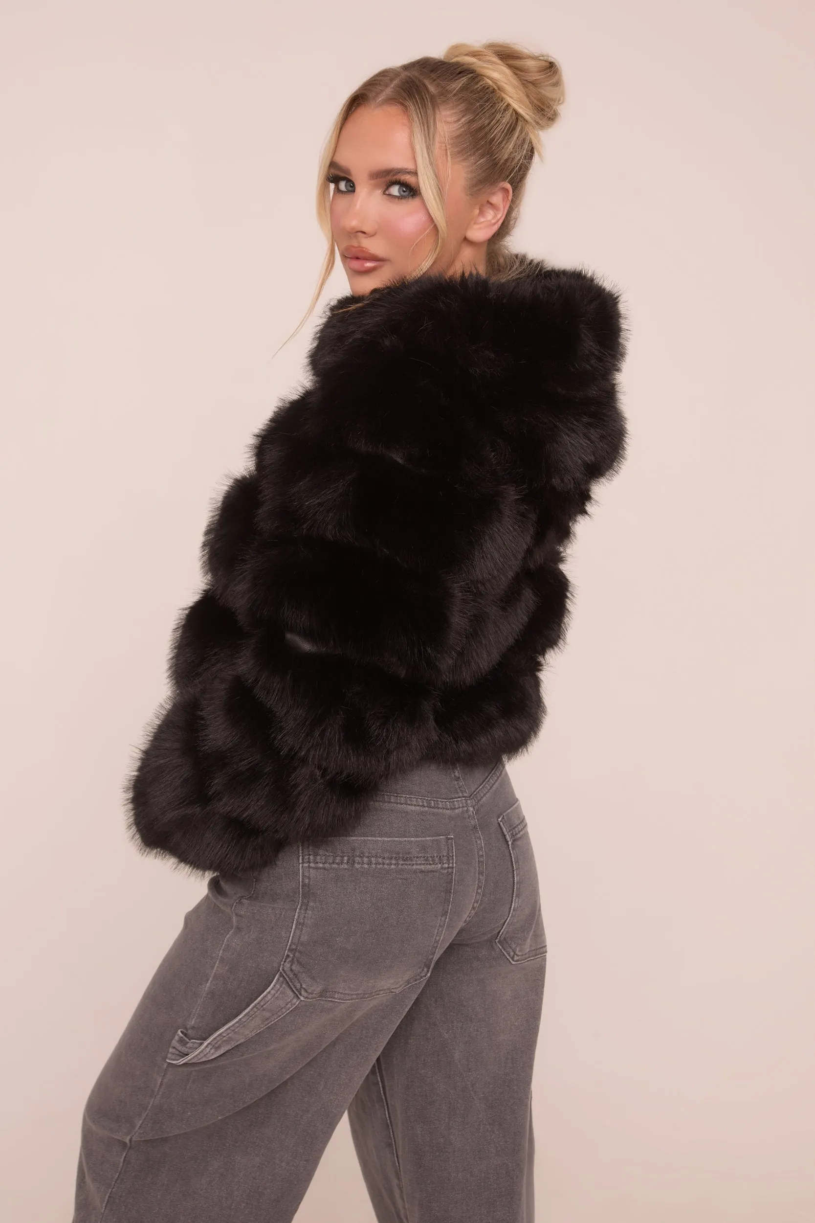 Black Faux Fur Hooded Cropped Coat - Adriel sold by Rebellious Fashion product image thumbnail 5