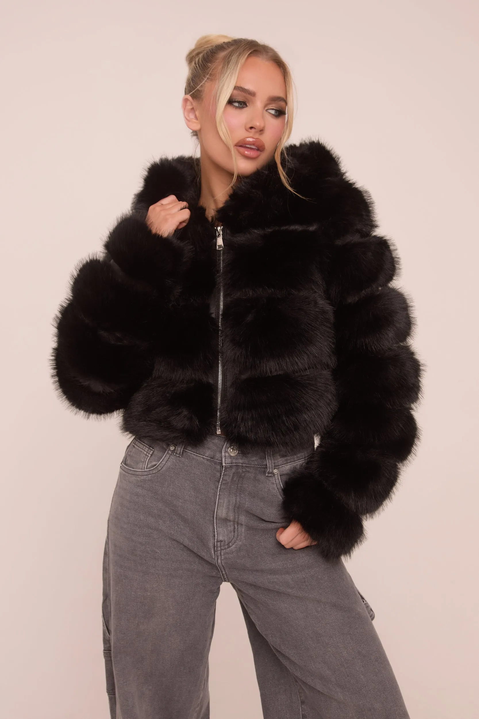 Black Faux Fur Hooded Cropped Coat - Adriel sold by Rebellious Fashion