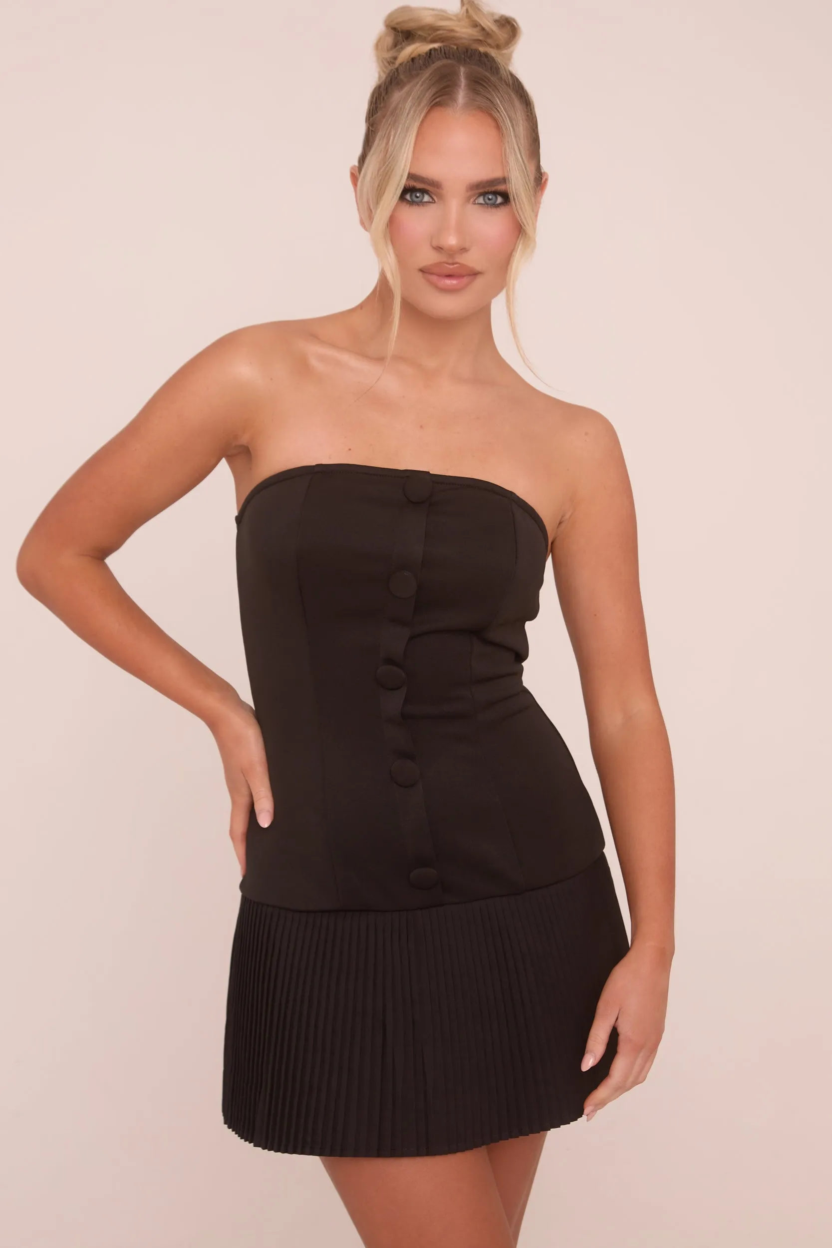 Black Bandeau Pleat Hem Mini Dress - Brenda sold by Rebellious Fashion