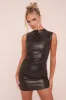 Black Faux Leather High Neck Ruched Mini Dress - Darlene sold by Rebellious Fashion