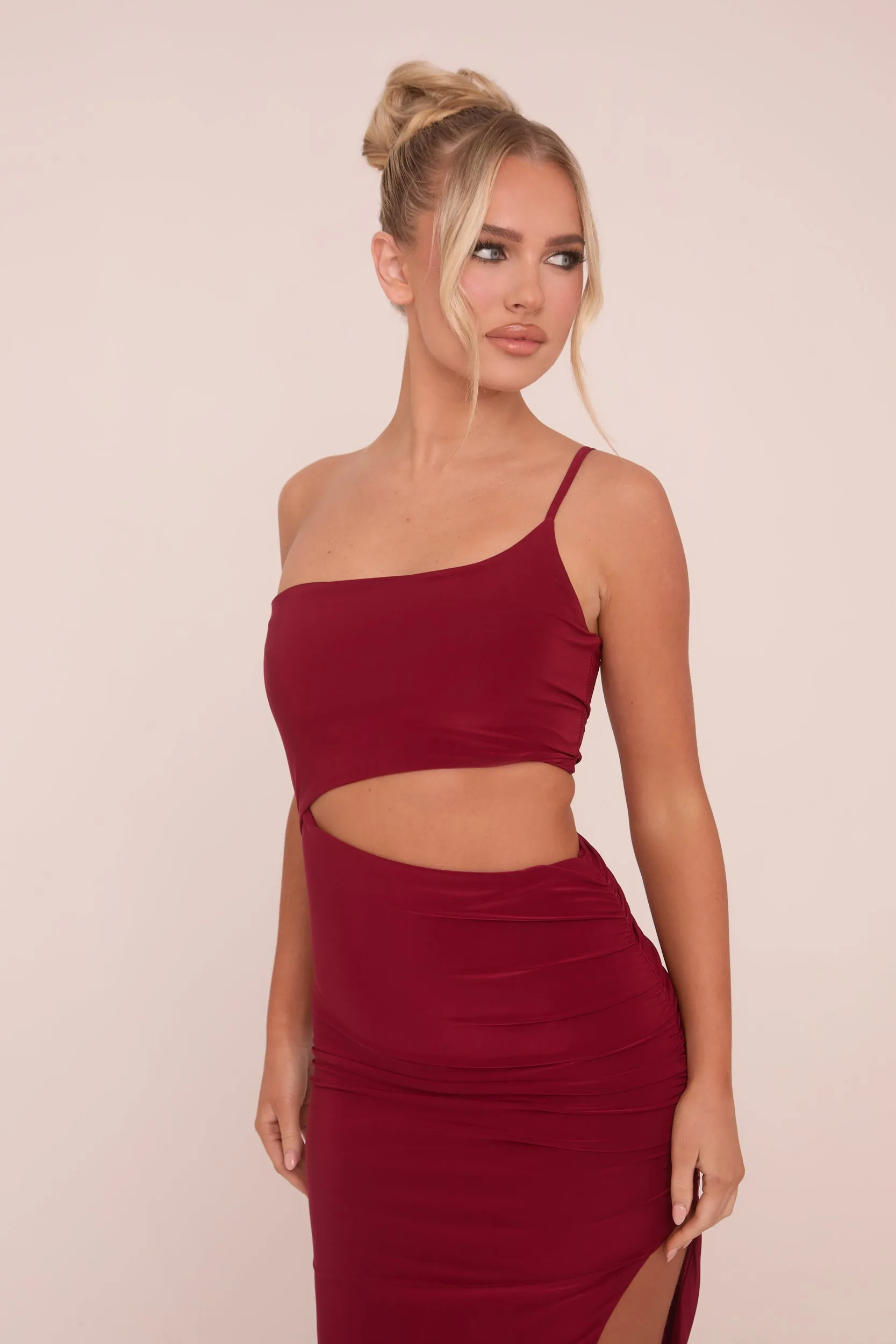 Burgundy One Shoulder Cut Out Midi Dress - Antonia sold by Rebellious Fashion product image thumbnail 3