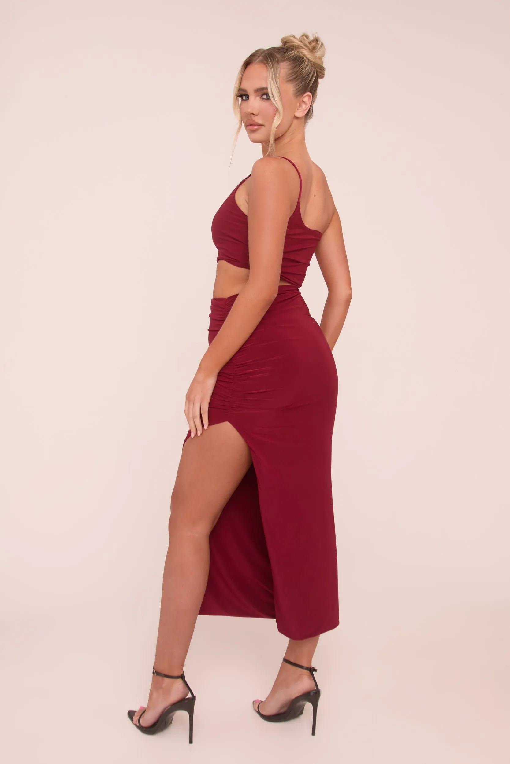 Burgundy One Shoulder Cut Out Midi Dress - Antonia sold by Rebellious Fashion product image thumbnail 5