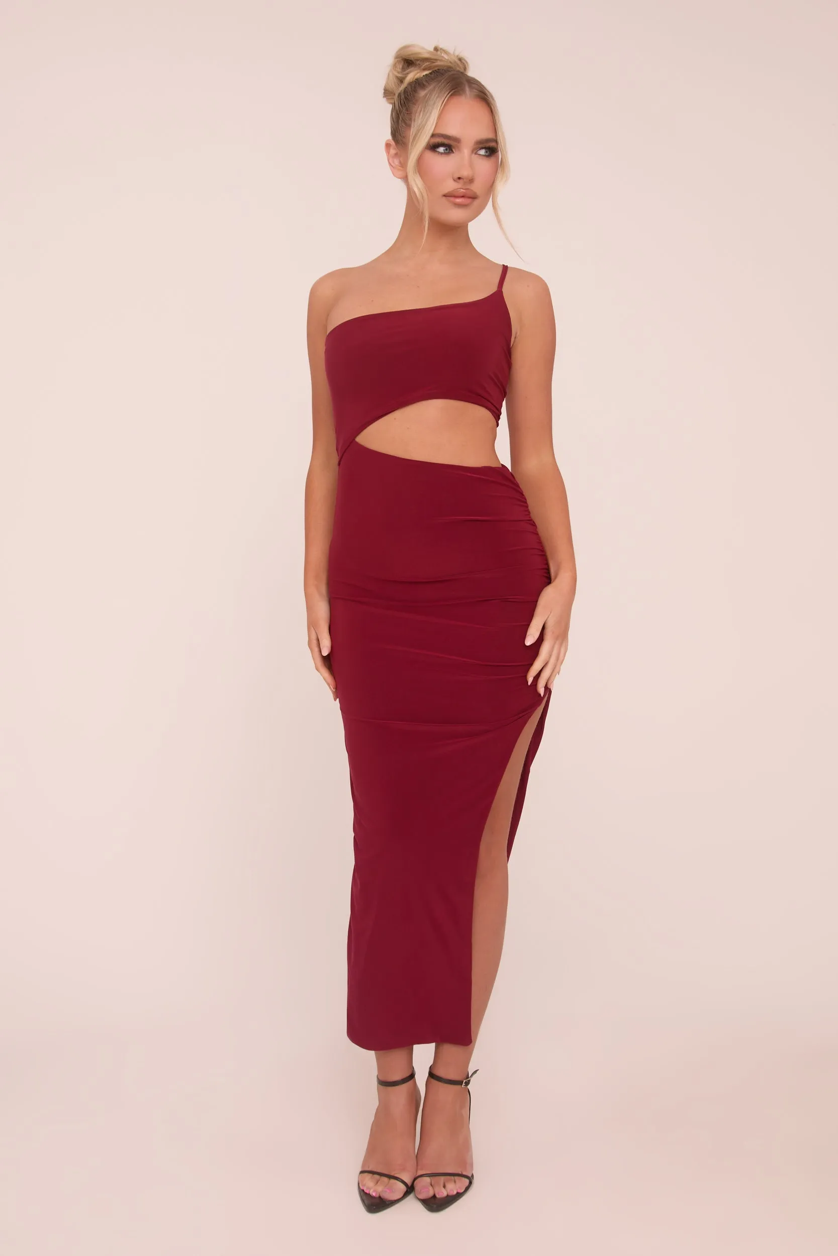 Burgundy One Shoulder Cut Out Midi Dress - Antonia sold by Rebellious Fashion product image thumbnail 2