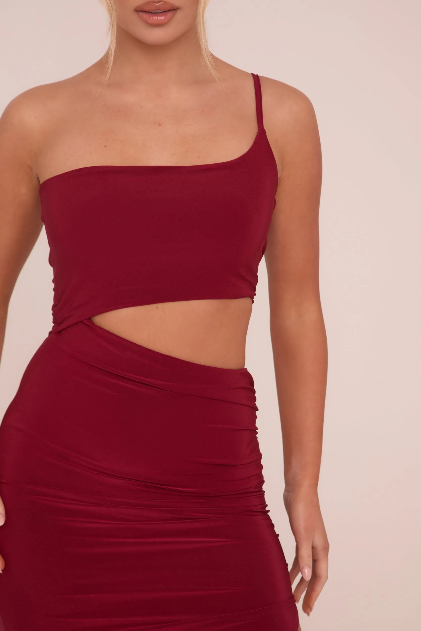 Burgundy One Shoulder Cut Out Midi Dress - Antonia sold by Rebellious Fashion product image thumbnail 4