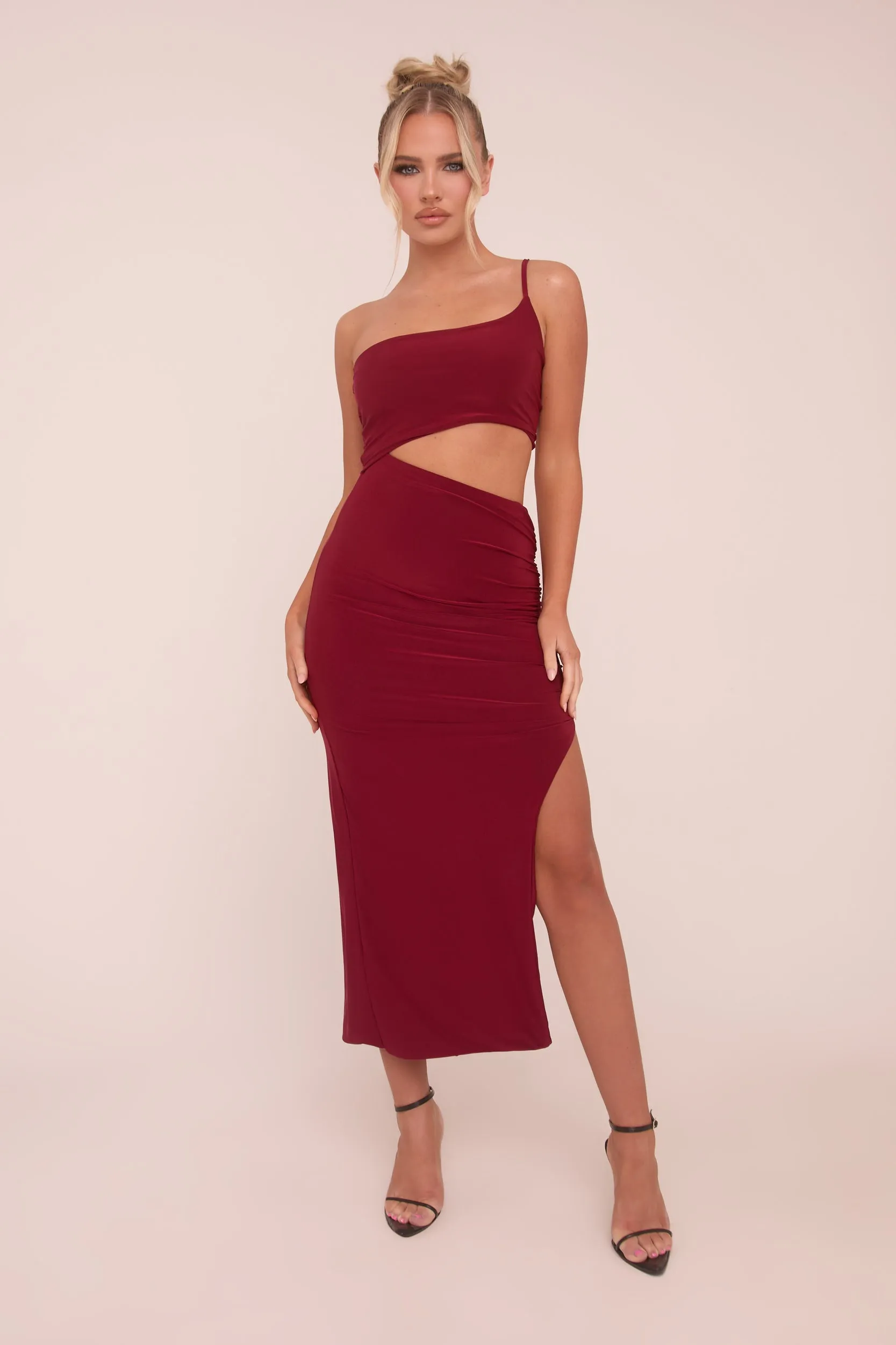 Burgundy One Shoulder Cut Out Midi Dress - Antonia sold by Rebellious Fashion