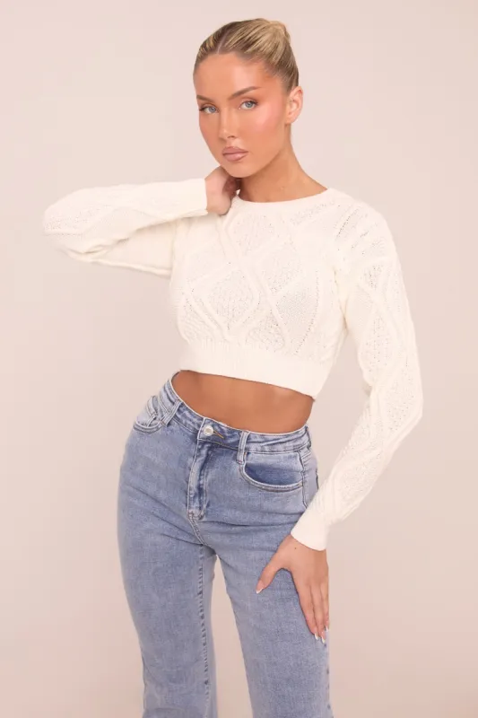 Cream Cable Chunky Long Sleeves Cropped Jumper - Justyna sold by Rebellious Fashion