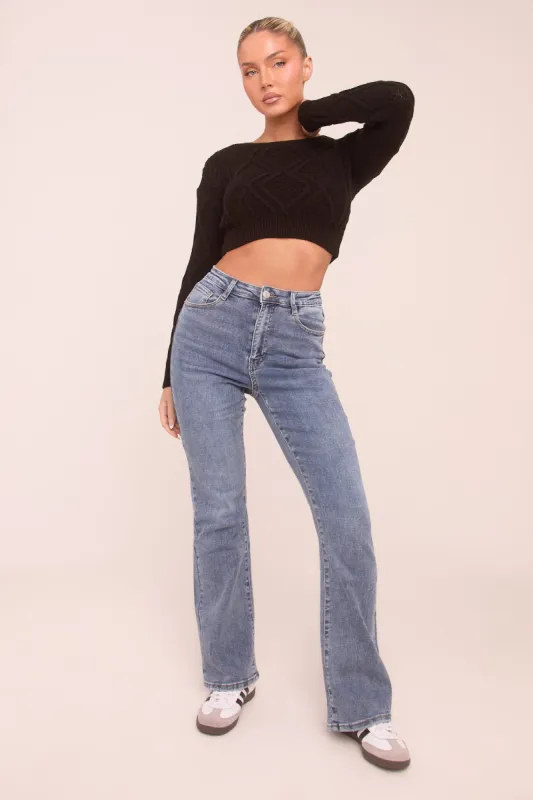 Mid Blue Stretch Kick Flare Denim Jeans - Aspen sold by Rebellious Fashion