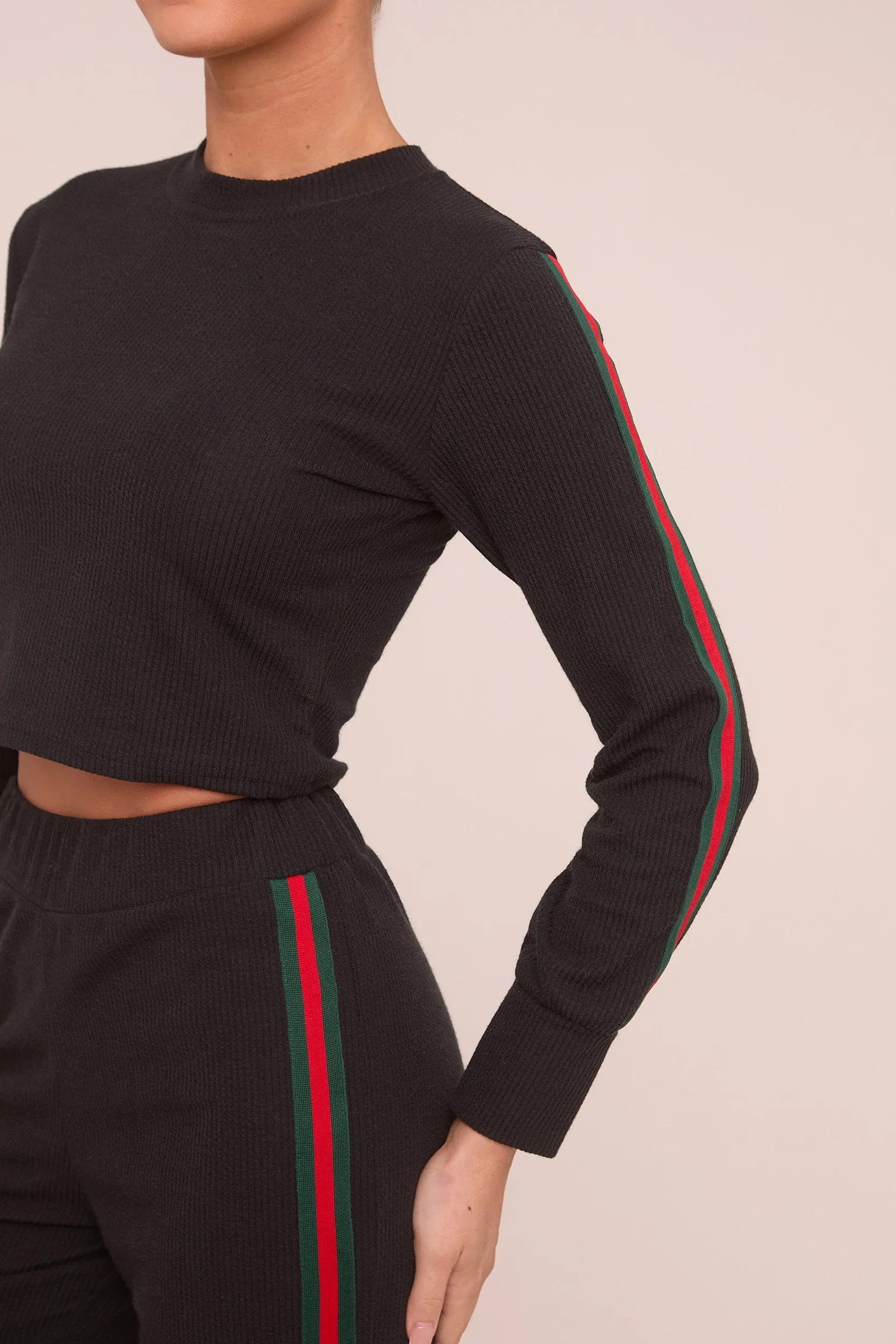 Black Rib Knit Stripe Detail Crop Top & Straight Leg Trouser Co-ord Set Set - Donna sold by Rebellious Fashion product image thumbnail 4