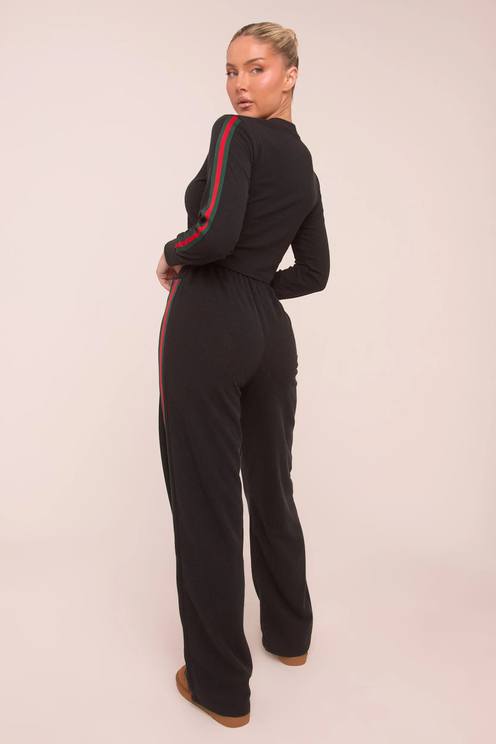 Black Rib Knit Stripe Detail Crop Top & Straight Leg Trouser Co-ord Set Set - Donna sold by Rebellious Fashion product image thumbnail 5