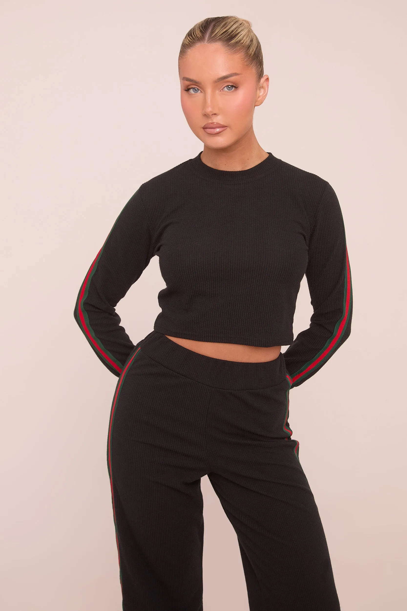 Black Rib Knit Stripe Detail Crop Top & Straight Leg Trouser Co-ord Set Set - Donna sold by Rebellious Fashion product image thumbnail 3