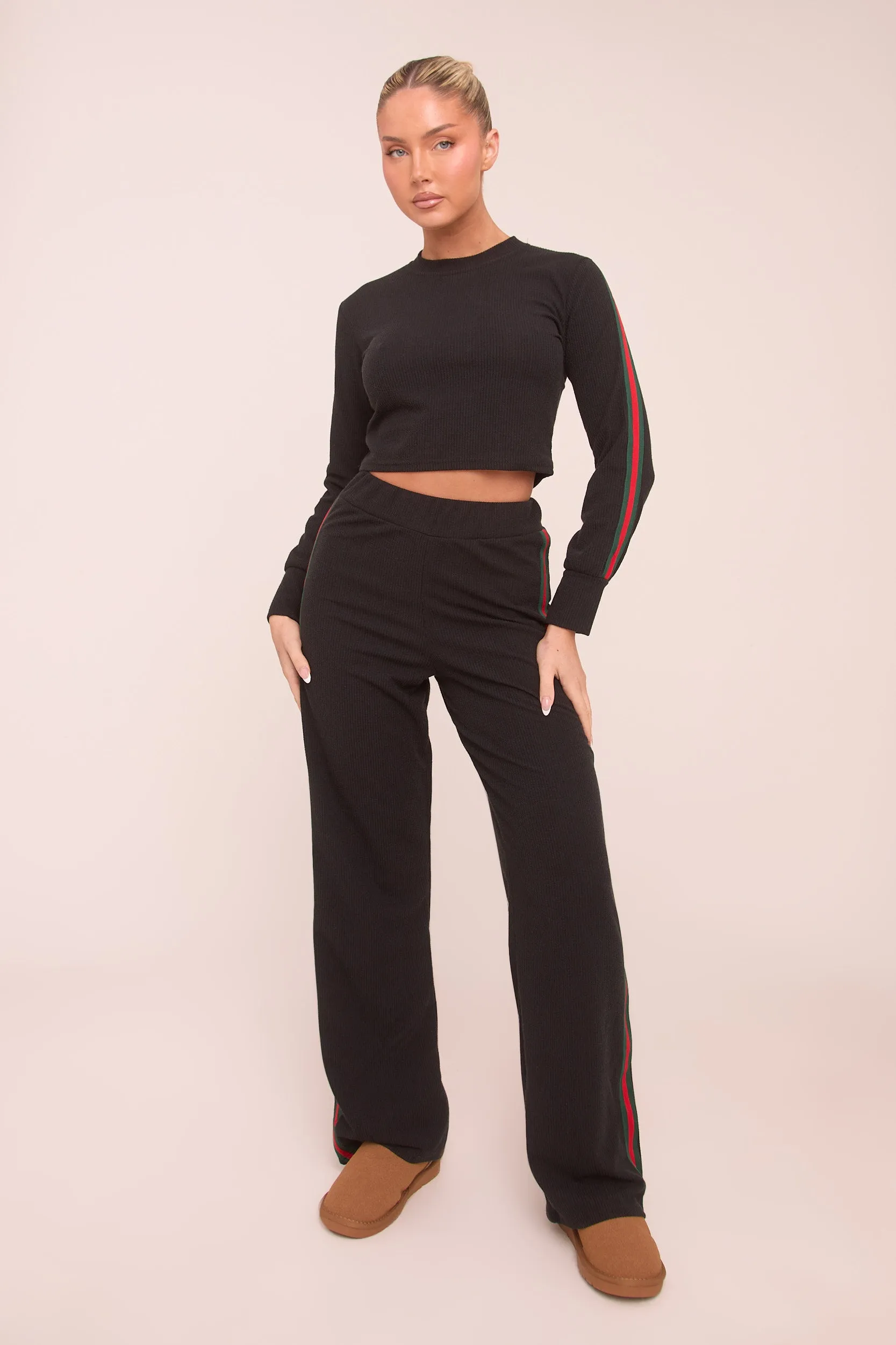 Black Rib Knit Stripe Detail Crop Top & Straight Leg Trouser Co-ord Set Set - Donna sold by Rebellious Fashion