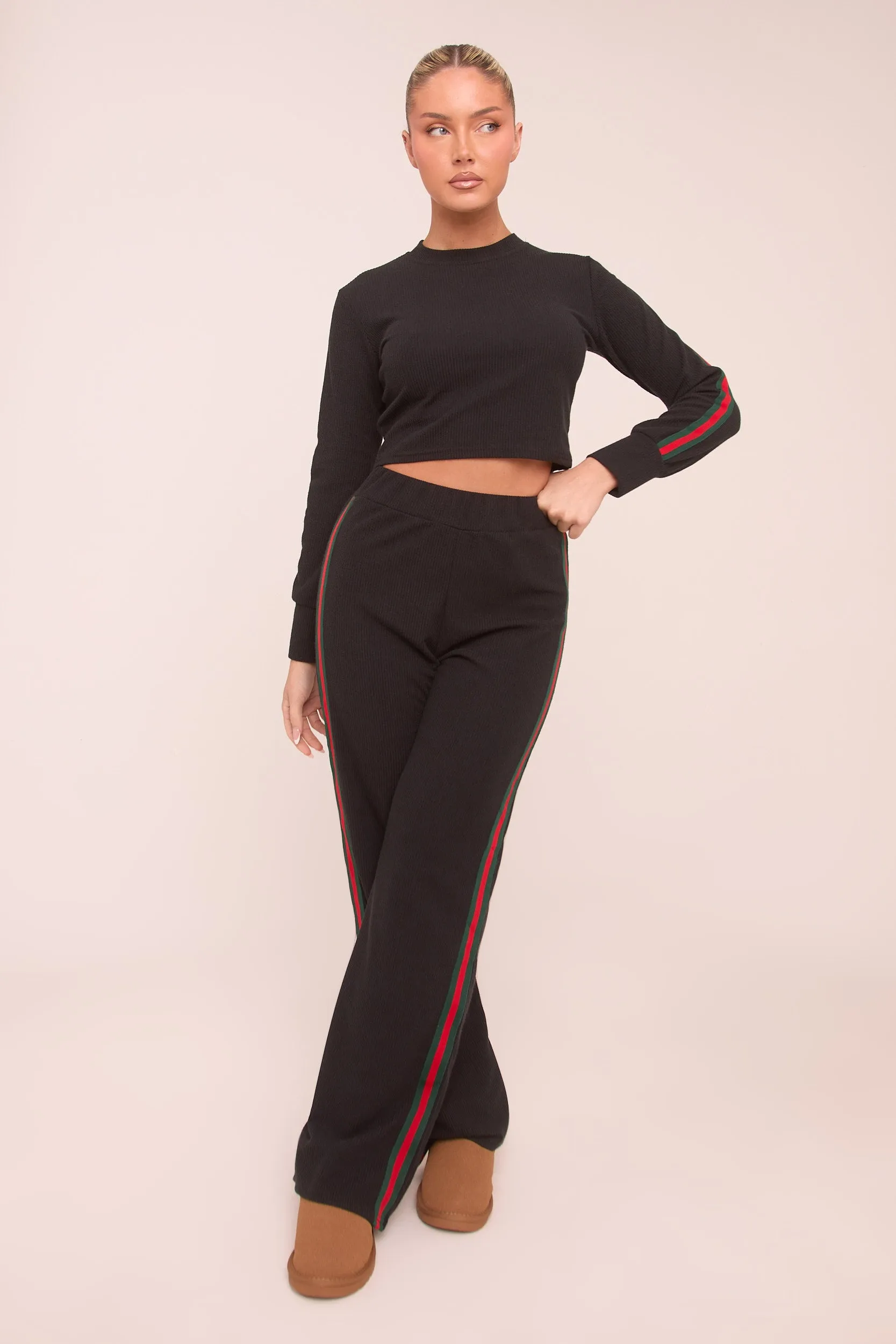 Black Rib Knit Stripe Detail Crop Top & Straight Leg Trouser Co-ord Set Set - Donna sold by Rebellious Fashion product image thumbnail 2