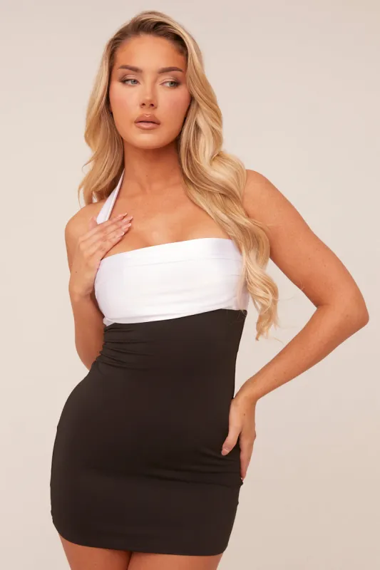 Black Halter Neck Contrast Detail Bodycon Mini Dress - Gertrude sold by Rebellious Fashion