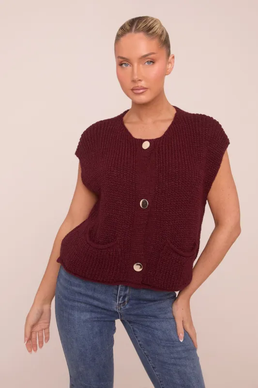 Burgundy Knit Button Up Sleeveless Cardigan - Sally sold by Rebellious Fashion