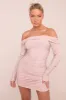 Pink Lurex Bardot Ruched Bodycon Mini Dress - Vivian sold by Rebellious Fashion