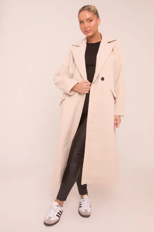 Beige Oversized Double Breasted Longline Coat - Blakely sold by Rebellious Fashion
