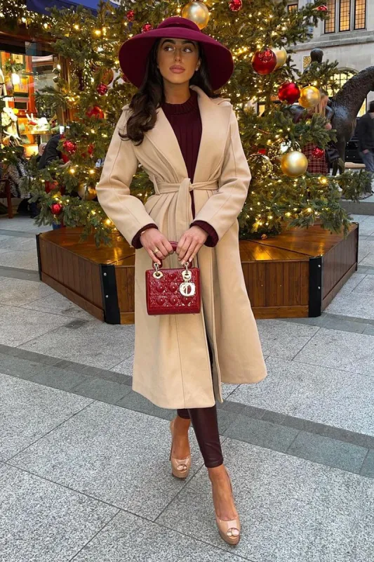 Beige Longline Belted Tailored Coat - Syma sold by Rebellious Fashion