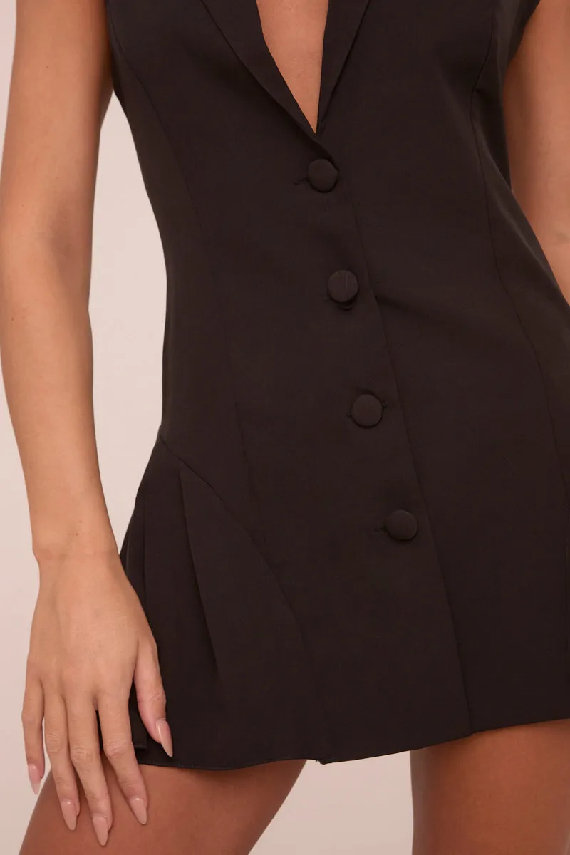 Black Halter Neck Button Up Front Pleated Mini Dress - Bella sold by Rebellious Fashion product image thumbnail 4