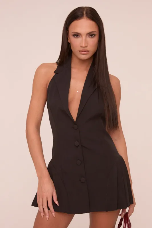 Black Halter Neck Button Up Front Pleated Mini Dress - Bella sold by Rebellious Fashion
