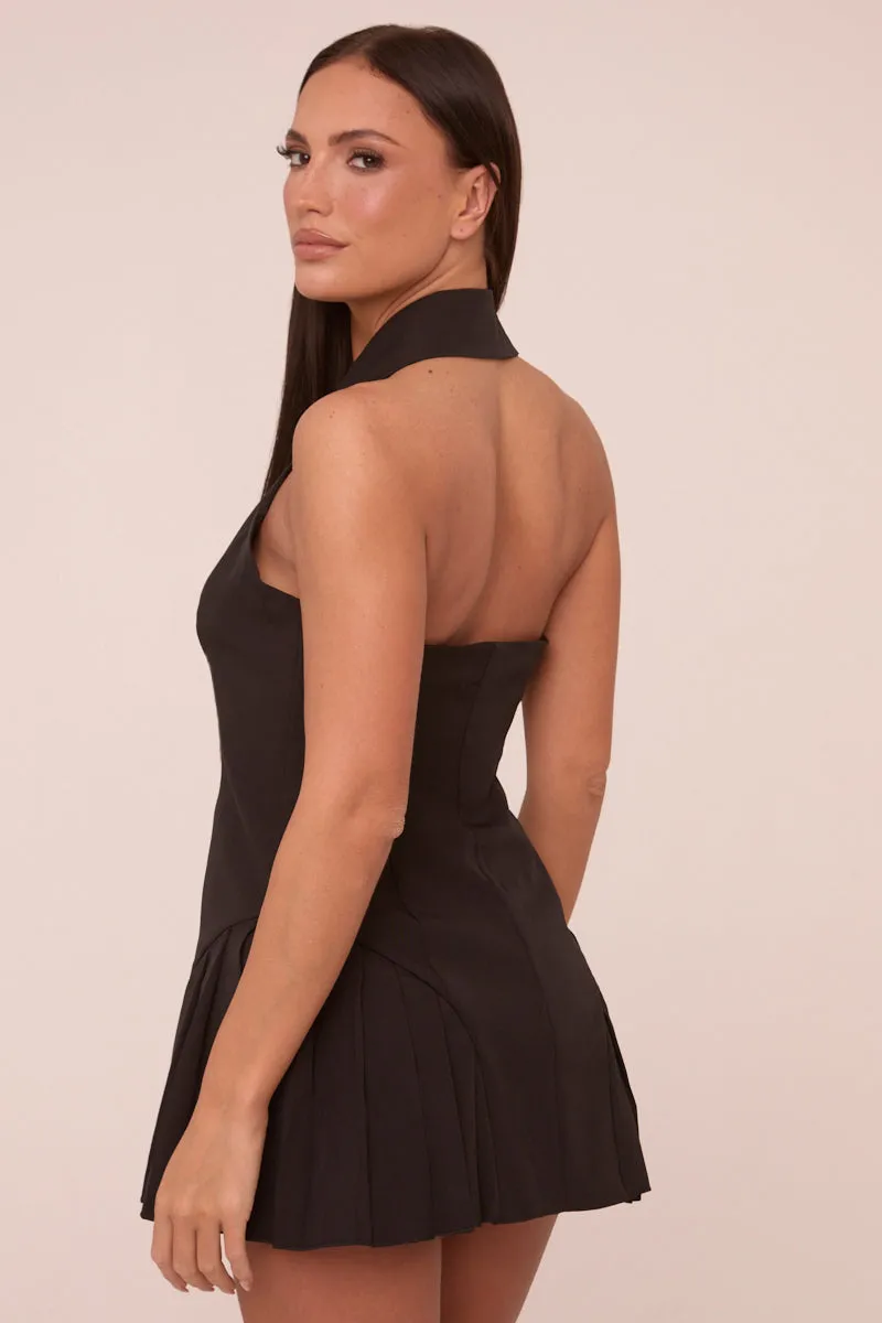 Black Halter Neck Button Up Front Pleated Mini Dress - Bella sold by Rebellious Fashion product image thumbnail 5