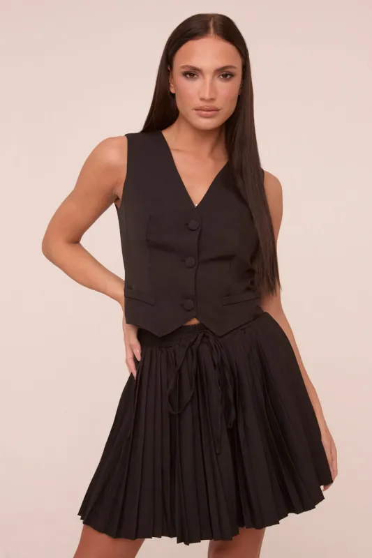 Black Sleeveless Waistcoat & Pleated Mini Skirt Co-ord Set - Monica sold by Rebellious Fashion