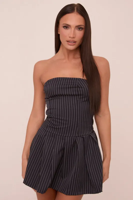 Navy Pin Stripe Bandeau Pleated Mini Dress - Amy sold by Rebellious Fashion