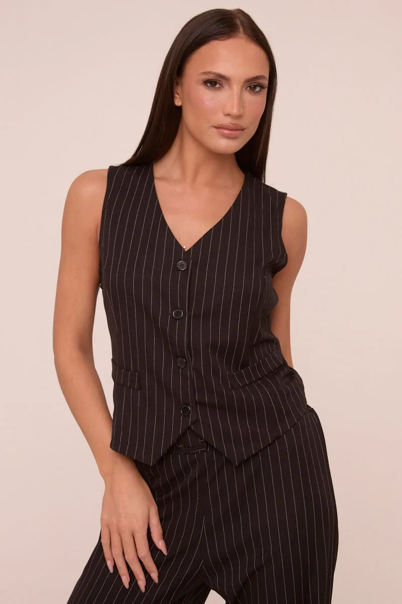 Black Pin Stripe Sleeveless Waist Coat - Danita sold by Rebellious Fashion