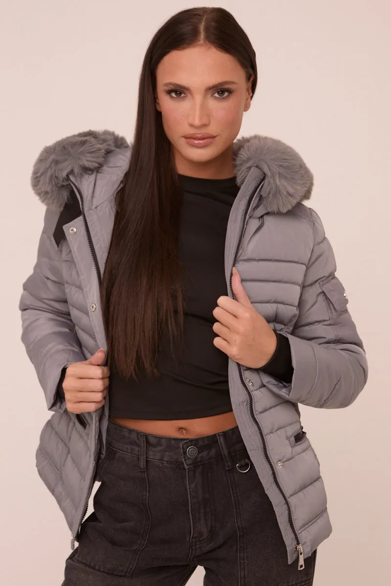 Grey Faux Fur Hooded Puffer Jacket - Glory sold by Rebellious Fashion product image thumbnail 3