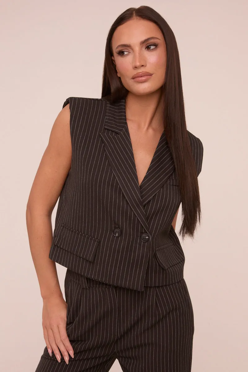 Black Pin Stripe Boxy Waist Coat & Straight Leg Trouser Co-ord Set - Ardel sold by Rebellious Fashion product image thumbnail 2