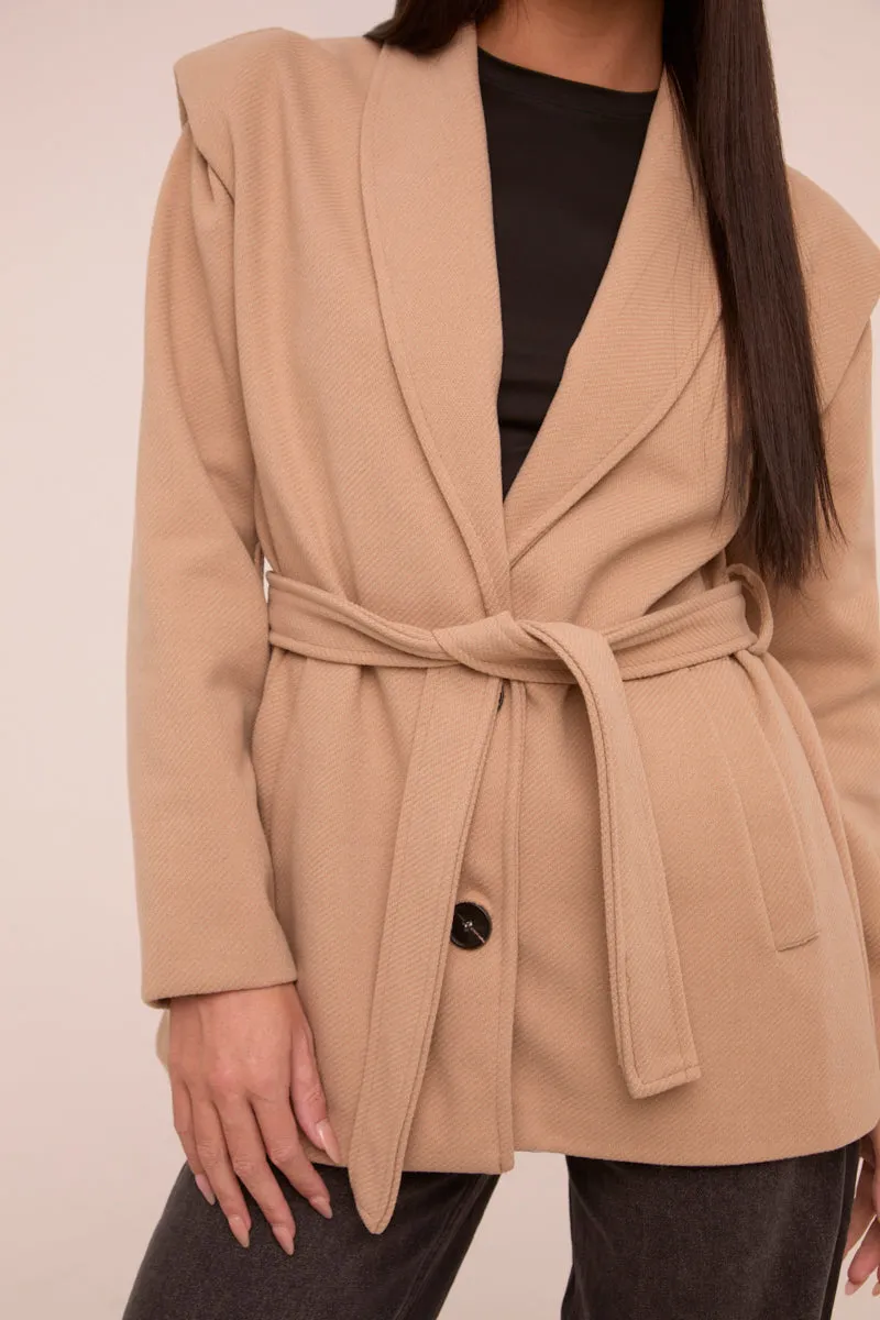 Beige Wool Look Shoulder Pads Tie Front Long Sleeves Jacket - Gemma sold by Rebellious Fashion product image thumbnail 3