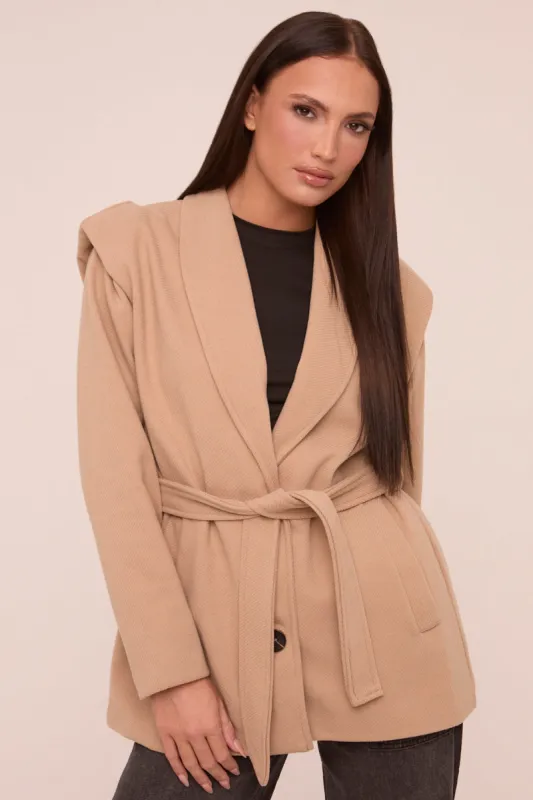 Beige Wool Look Shoulder Pads Tie Front Long Sleeves Jacket - Gemma made by Rebellious Fashion