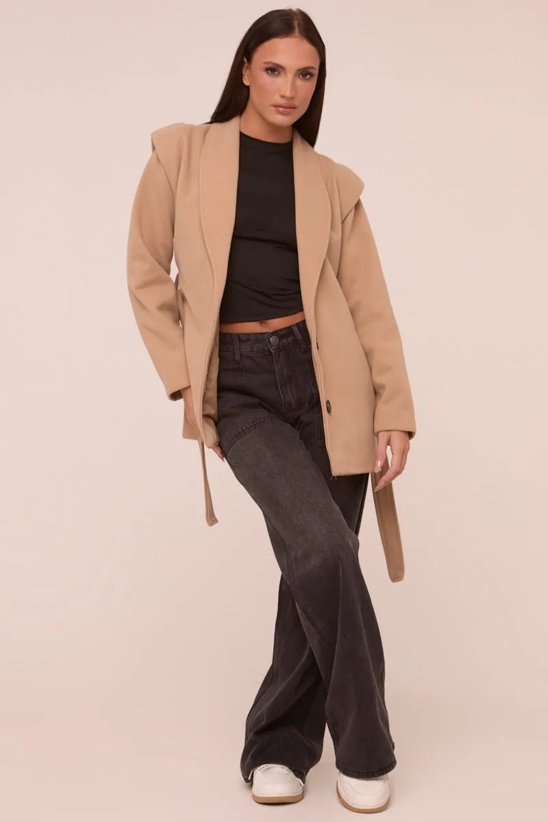 Beige Wool Look Shoulder Pads Tie Front Long Sleeves Jacket - Gemma sold by Rebellious Fashion product image thumbnail 5