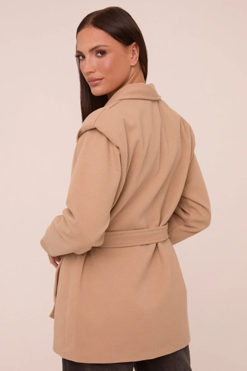 Beige Wool Look Shoulder Pads Tie Front Long Sleeves Jacket - Gemma sold by Rebellious Fashion product image thumbnail 4