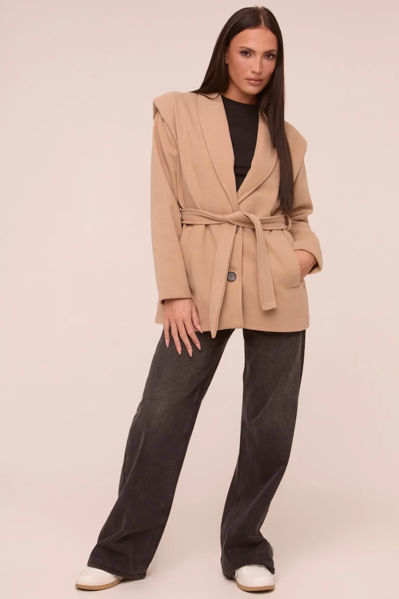 Beige Wool Look Shoulder Pads Tie Front Long Sleeves Jacket - Gemma sold by Rebellious Fashion product image thumbnail 2