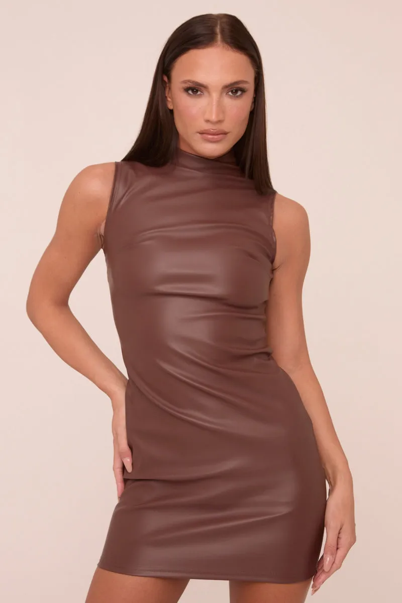 Brown Faux Leather High Neck Sleeveless Mini Dress - Hazel sold by Rebellious Fashion