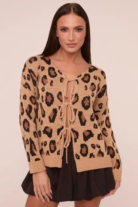 Camel Knit Leopard Print Tie Front Detail Long Sleeves Cardigan - Corey sold by Rebellious Fashion