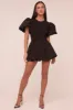 Black Puffball Hem Short Sleeves Mini Dress - Aldora sold by Rebellious Fashion
