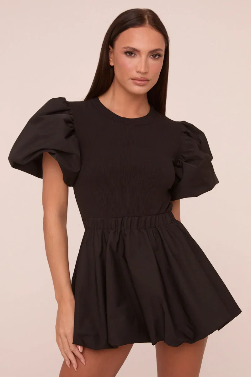 Black Puffball Hem Short Sleeves Mini Dress - Aldora sold by Rebellious Fashion