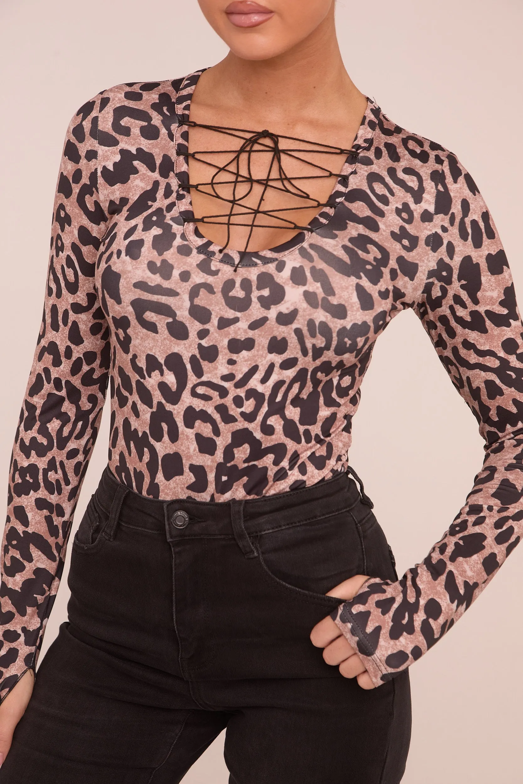 Brown Leopard Print Long Sleeve Bodysuit - Emerson sold by Rebellious Fashion product image thumbnail 4