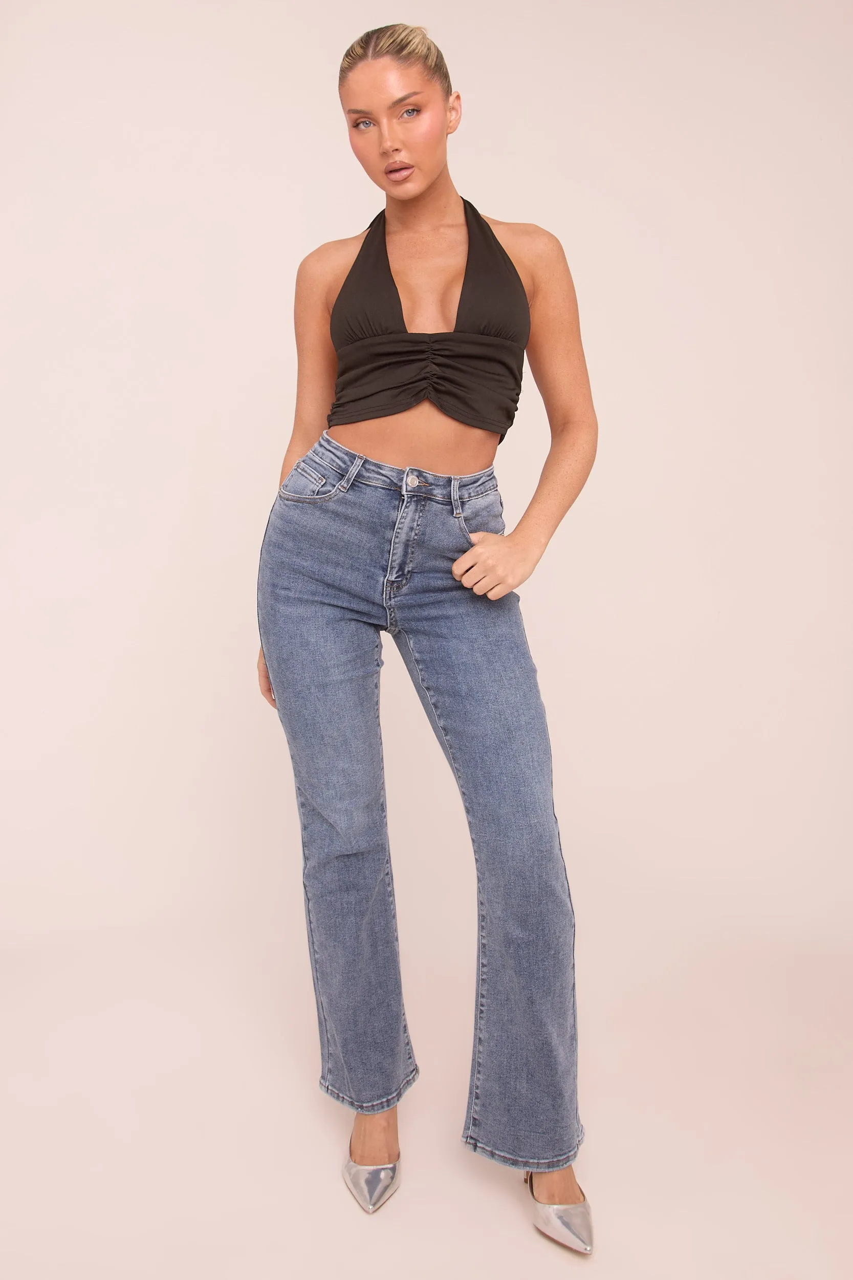 Black Plunge Neck Ruched Cropped Top - Wrenley sold by Rebellious Fashion product image thumbnail 2