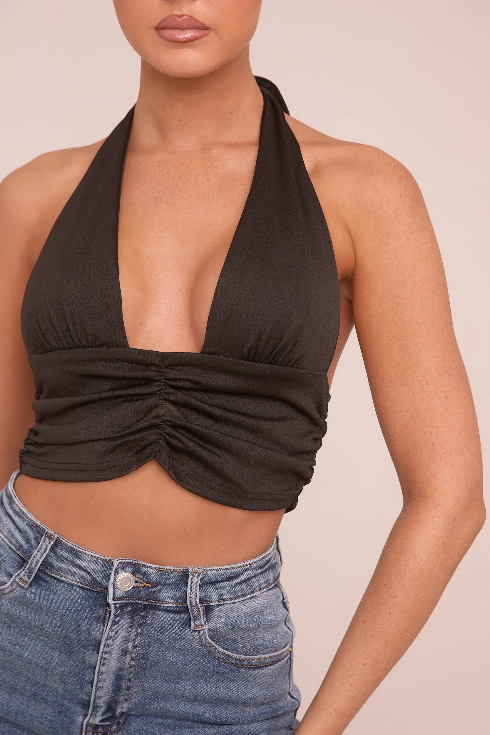 Black Plunge Neck Ruched Cropped Top - Wrenley sold by Rebellious Fashion product image thumbnail 4