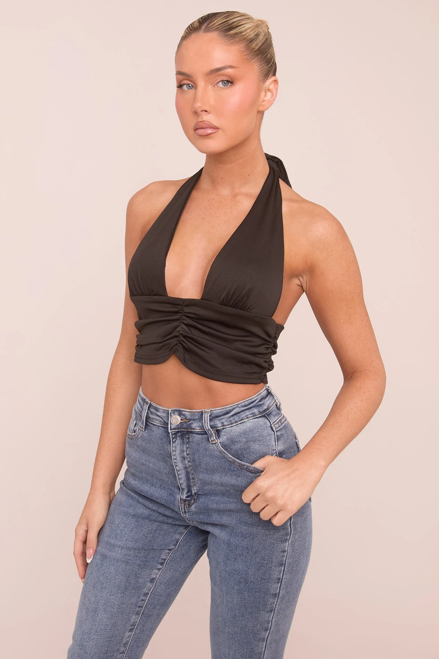 Black Plunge Neck Ruched Cropped Top - Wrenley sold by Rebellious Fashion product image thumbnail 3